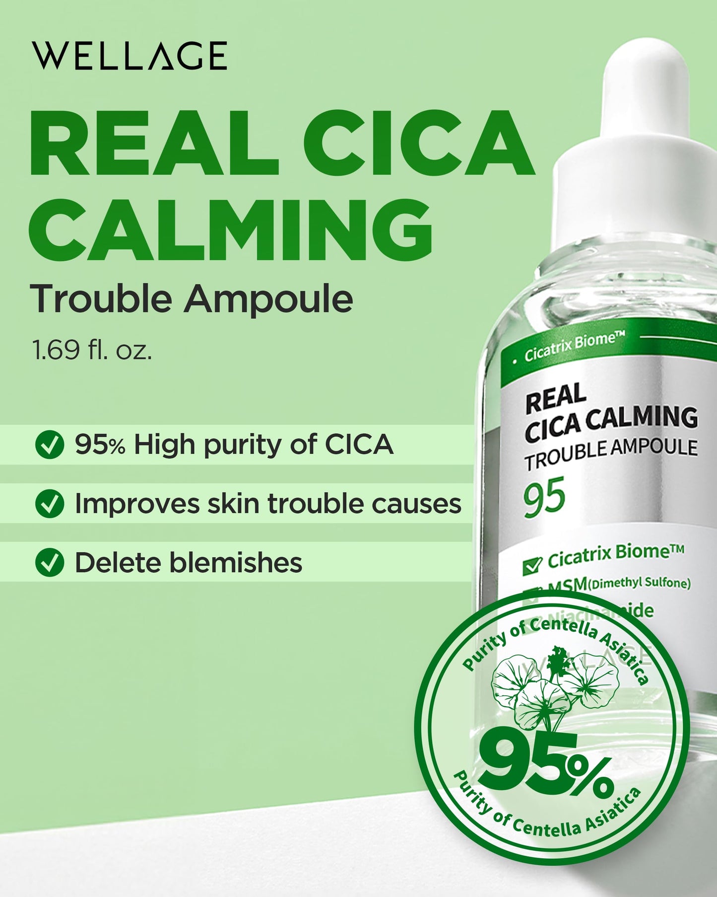 WELLAGE Real Cica Calming Trouble Ampoule 1.69 fl.oz + Cica Calming Cream 2.7oz Bundle