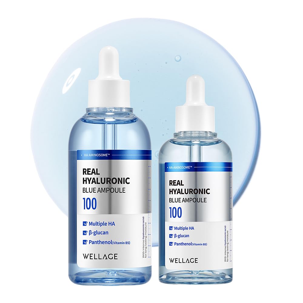 WELLAGE Real Hyaluronic Blue Ampoule 100, Korean Hydrating Serum for Face, Skin Firming Hyaluronic Acid Serum with Panthenol for Sensitive Skin, (3.38Fl.oz + 2.53Fl.oz)