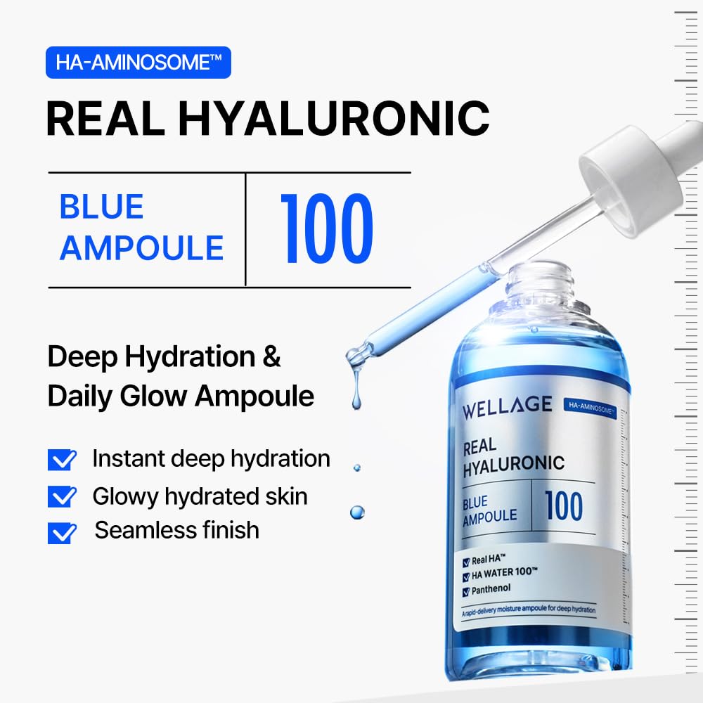 WELLAGE Real Hyaluronic Blue Ampoule 100 Korean Serum, Fragrance Free Hyaluronic Acid Ampoule with Panthenol, Wild yam, Centella for Sensitive Dry Skin Moisturizer 1.01 fl.oz+ HA Oneday Kit 7ea