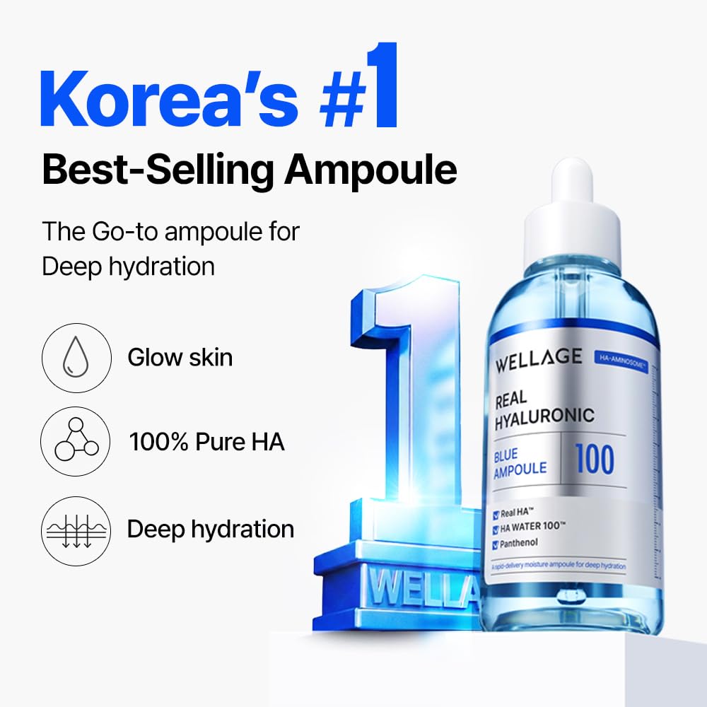 WELLAGE Real Hyaluronic Blue Ampoule 100 Korean Serum, Fragrance Free Hyaluronic Acid Ampoule with Panthenol, Wild yam, Centella for Sensitive Dry Skin Moisturizer 1.01 fl.oz+ HA Oneday Kit 7ea