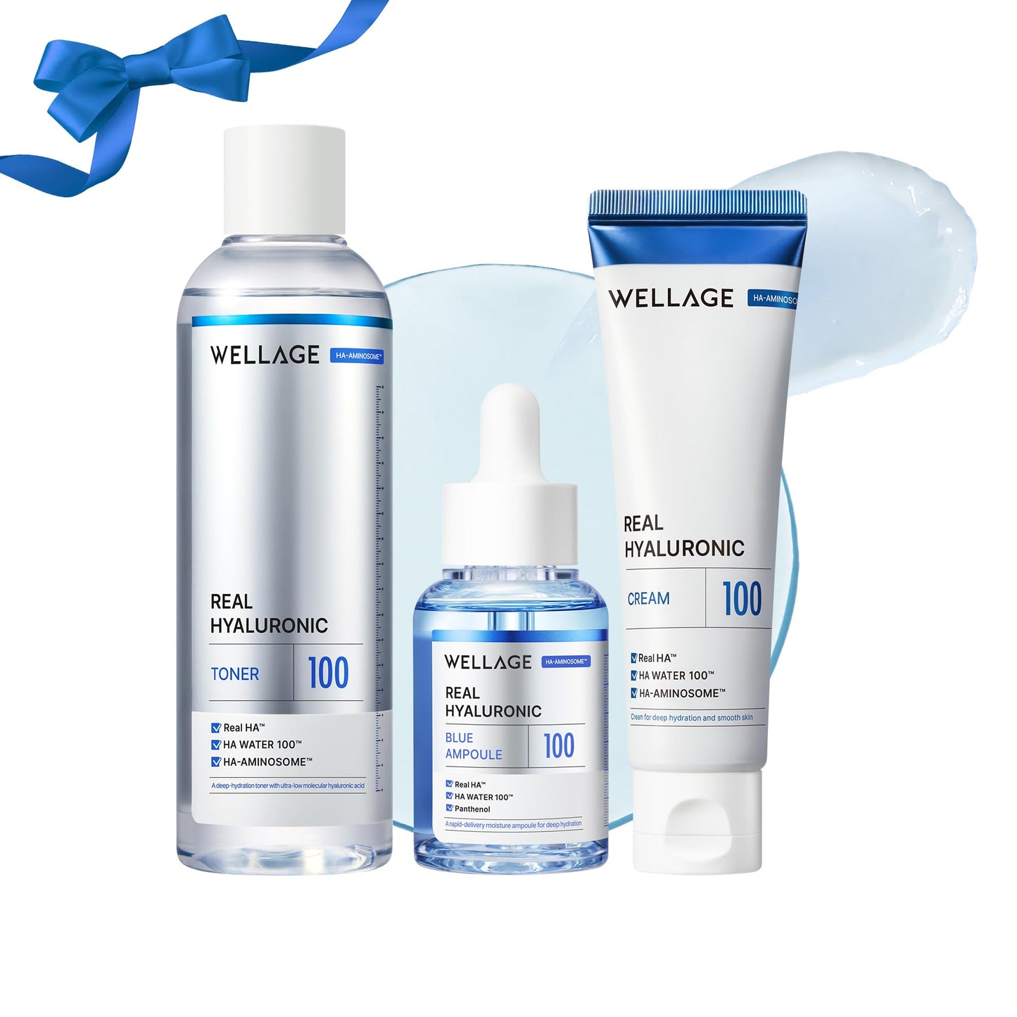 WELLAGE Real Hyaluronic Blue Toner 100, 6.76 fl.oz + Real Hyaluronic Blue Ampoule 100 1.01 fl.oz + Real Hyaluronic Cream 100, 1.69oz. Bundle
