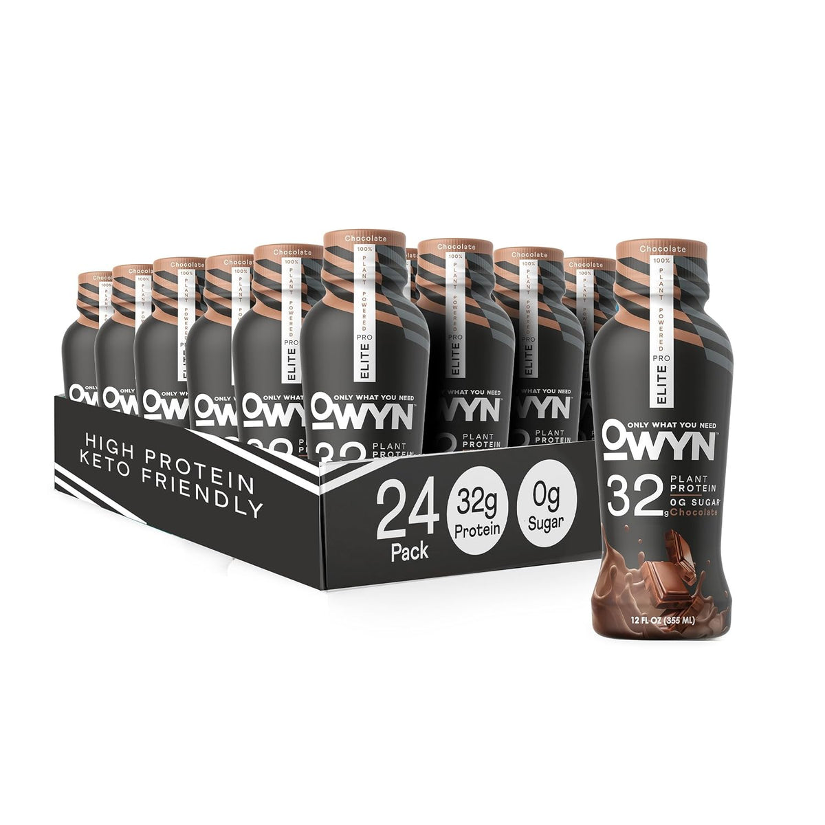 OWYN Only What You Need Pro Elite Vegan High Protein Keto Shake, 32g Protein, 9 Amino Acids, Omega-3, Prebiotics, Workout and Recovery, 0g Net Carbs, Zero Sugar (Chocolate, 12 Fl Oz (Pack of 24)